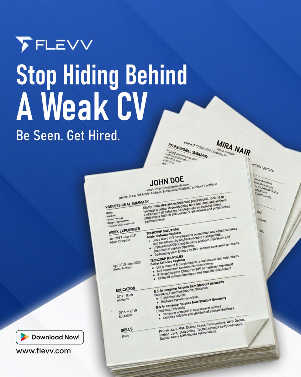flevvapp's tweet image. Your talent is top-tier. Your CV should be too. ​Stop blending into the background with a weak resume. Level up your professional game with FLEVV and make sure you're the candidate they can't ignore.Visit flevv.com to build your future today.​#CareerMove #DreamJob #