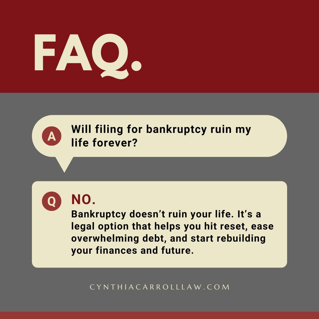 CynthiaLCarroll's tweet image. FAQ: Will bankruptcy ruin my life forever?
No. Bankruptcy is a legal tool that helps you reset your finances, reduce or eliminate debt, stop collections, and start rebuilding your credit and future. 

#Bankruptcy #BankruptcyHelp #DebtRelief #DebtHelp #Delaware #CynthiaCarrollLaw