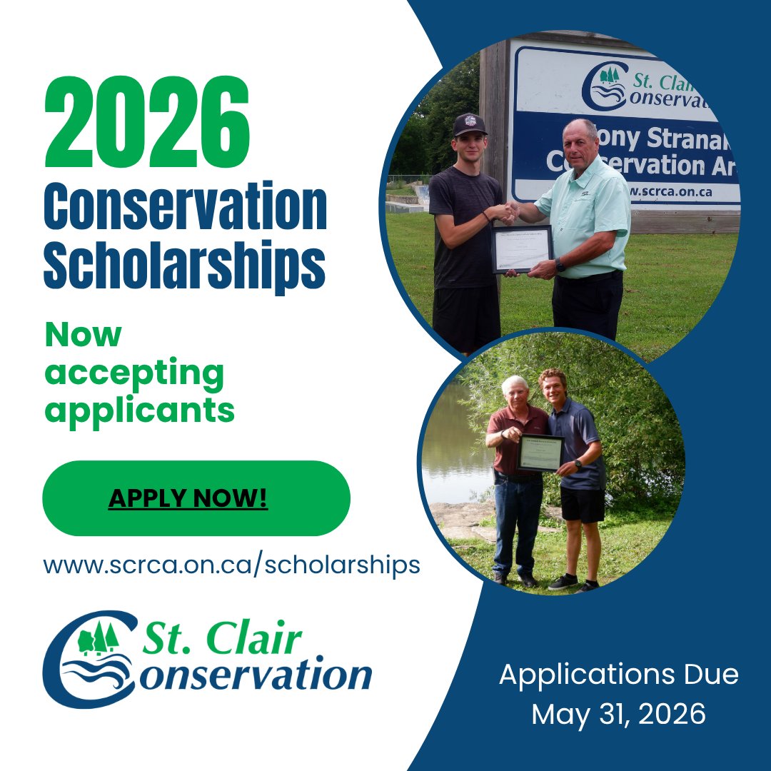 stclairregionca's tweet photo. 🌱 Are you a graduating high school student pursuing post-secondary studies in an environmental field?

The SCRCA is currently accepting applications for their 2026 Conservation Scholarship program.

🗓️ Apply by May 31, 2026

👉 Learn more and apply!  https://t.co/2OdkrSbR15 https://t.co/0Gti5eori7