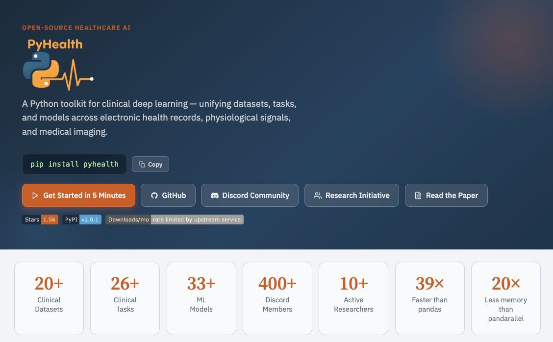 jimeng's tweet photo. 🚀 ICML 2026 — PyHealth 2.0

What if clinical AI didn’t require a remote GPU cluster to get anything done?

PyHealth 2.0 flips the default:

• 💻 Run locally on a 16GB laptop — no heavyweight infra required
• ⚡ Up to 39× faster, 20× lower memory vs prior pipelines
• 🔄 Same workflows scale seamlessly to large remote servers when needed

This isn’t just efficiency — it’s a shift in who can actually do clinical AI:

→ Prototype, debug, and iterate locally
→ Reproduce results without expensive compute
→ Scale to production only when necessary

Under the hood, still a full-stack toolkit:
• 15+ datasets, 20+ tasks, 25+ models
• Multimodal (EHR, imaging, signals)
• Interpretability + uncertainty (incl. conformal prediction)
• 400+ open-source contributors

Bottom line: Clinical AI shouldn’t start with a cluster request. It should start on your laptop.

👏 Huge congrats to all my students and collaborators on this work — proud of what you’ve built. https://t.co/n8RJiPaAWd 

Check out Pyhealth https://t.co/34nyKFkVNP 
#ICML2026 #HealthcareAI #EfficientAI #OpenSource #Reproducibility #MachineLearning