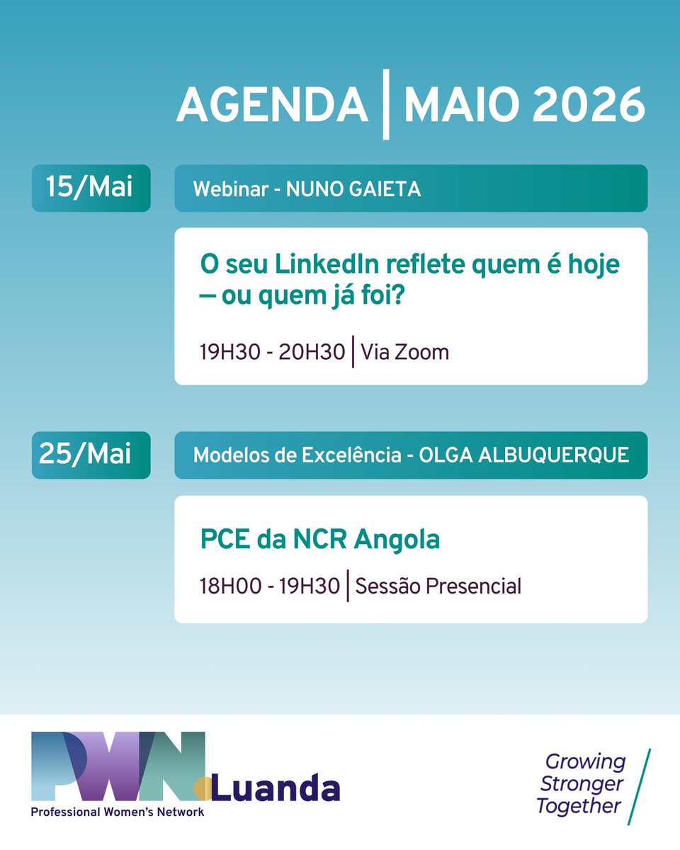 PWNLuanda's tweet image. Agenda de Maio 2026 | PWN Luanda

💡 Reserve estas datas na sua agenda e junte-se a nós para aprender, partilhar e crescer em comunidade.

🌐 Saiba mais: pwnglobal.net/c/pwn-luanda | pwnluanda.net

#PWNLuanda #Webinar #Excelência #Networking