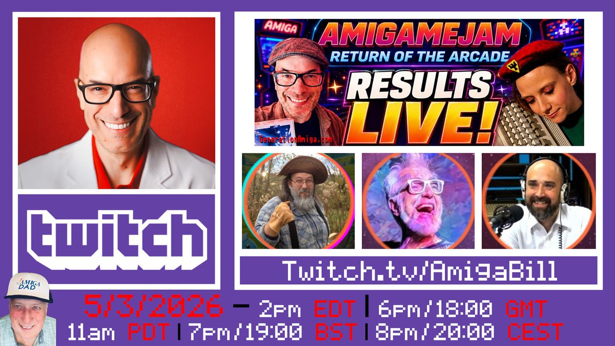 AmigaBill_'s tweet image. Live Stream Sunday Funday May 3, 2026 - 2pm EDT/6pm GMT/8pm CEST - AmiGameJam Results with guests RJ Mical, Neil Thomas @RetCollective , Aaron D @amigosretro  and @Amiga_Cammy ! #commodore #commodoreamiga #retrogaming #retrogamer #indiegamedev LINK: twitch.tv/amigabill