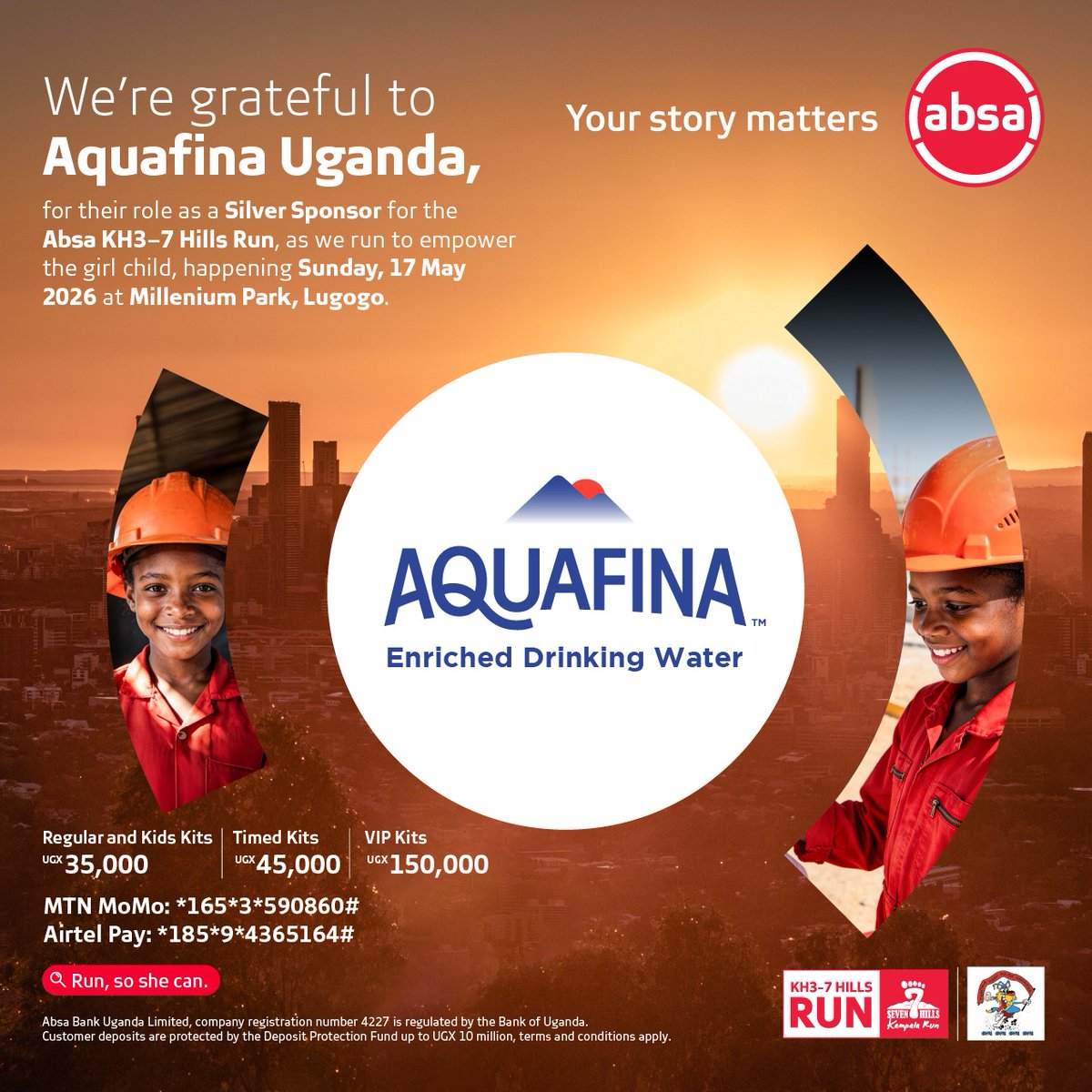 AbsaUganda's tweet photo. We are proud to recognize our Silver Sponsors for the Absa KH3-7 Hills Run, @OldMutualUganda, @AquafinaUganda, and @VisionGroup.

We run so she can. Because when girls are empowered, communities rise, get stronger and more resilient.

To a future with more girls in classrooms!