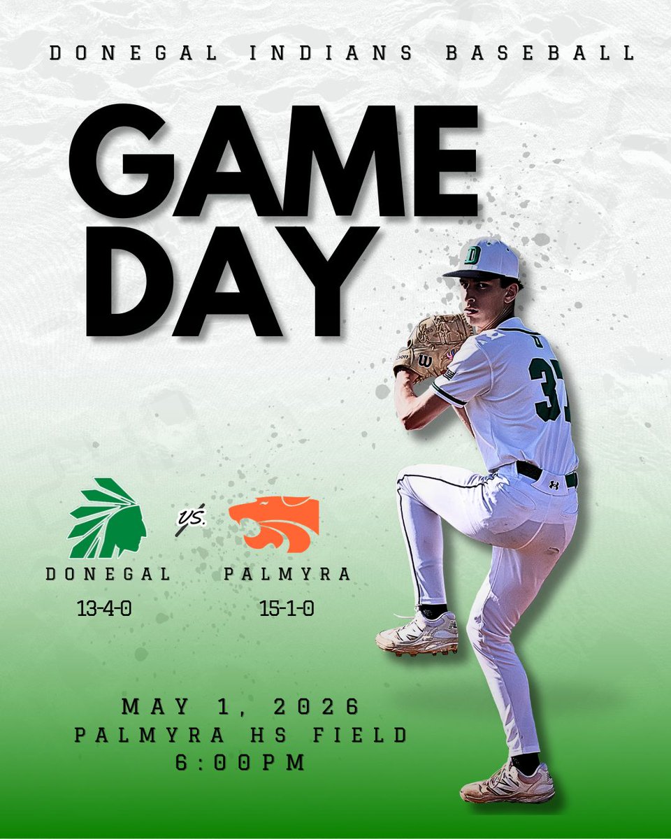 DonegalBaseball's tweet photo. ⚾️GAME DAY  
📍 PALMYRA HS FIELD
⏰ 6:00pm
💵$6 Admissions Fee, Cash only
🏟️Hit the road and come cheer on your Donegal Indians in their only night game of the year! Indians vs. Palmyra Cougars. It should be a great matchup.

#prideinthetribe #DonegalBaseball https://t.co/Xyrz5q8TXi