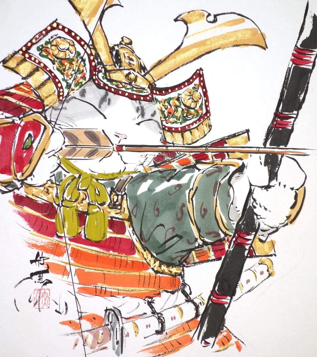 Kingyo_art's tweet photo. 『猫武者 弓矢』　
端午の節句、もう直ぐ。

#drawing #art #illustration #cat #boysfestival #arrow #bow #japan #端午の節句 #兜 #甲冑 #武者 #弓矢 #アナログ絵 #日本画 #色紙 #絵画 https://t.co/fay8QEEgzm