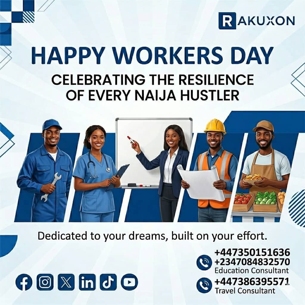 rakuxon's tweet photo. Happy Workers’ Day 🎉

Today we celebrate the strength, resilience, and dedication of every hardworking individual.

Your effort today is building the future you dream of.

At Rakuxon, we’re here to support your journey to greater opportunities through travel and education. https://t.co/HtYvCH7u1i