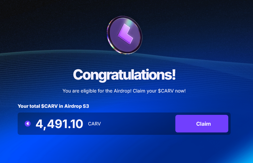 Bitcoinxxx1's tweet photo. 🎉 CARV Season 3 Airdrop, Claim Now!
 
The CARV Season 3 Airdrop is now live! Eligible community members can claim their S3 airdrop at https://t.co/SUo8yg3SN1 from now until May 3, 8AM UTC.

#carv #airdrop https://t.co/DFXcTXqB9i