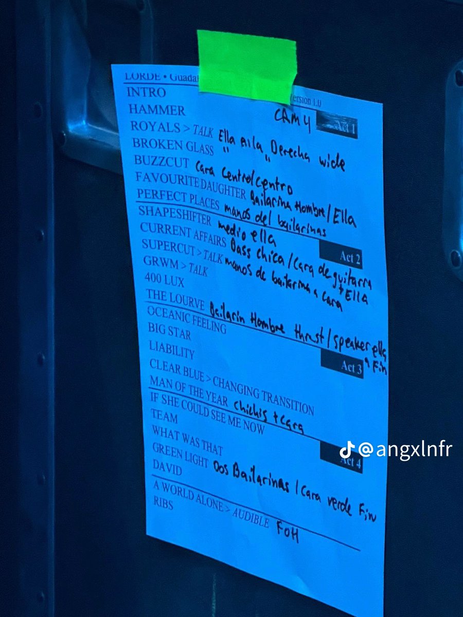 TheLordeCult's tweet photo. The set list sheet for @Lorde’s Guadalajara, Mexico show had key descriptors for several of the songs, including  “chichis + cara” for “Man of the Year” 😭 https://t.co/MfDi6Csu2j