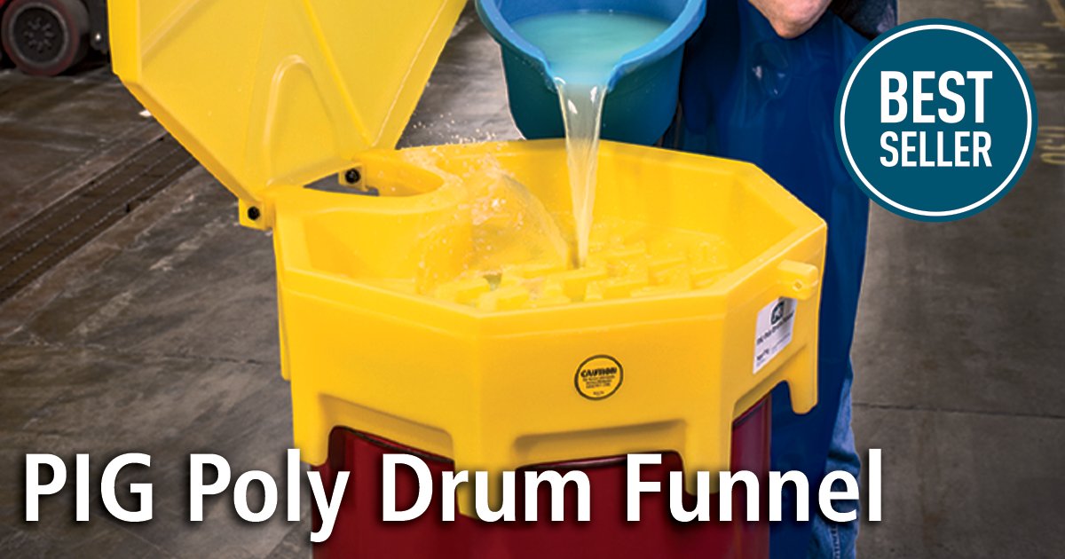 NewPig's tweet photo. #PIG Universal Poly Drum Funnel with Hinged Lid covers the entire drum top to minimize drips and spills. Fits any 55-gallon, tight-head steel or poly drum. The large-diameter funnel covers your entire drum top for clean, easy draining and pouring. https://t.co/M53GMGCcS4 https://t.co/0gOUxyNZ68