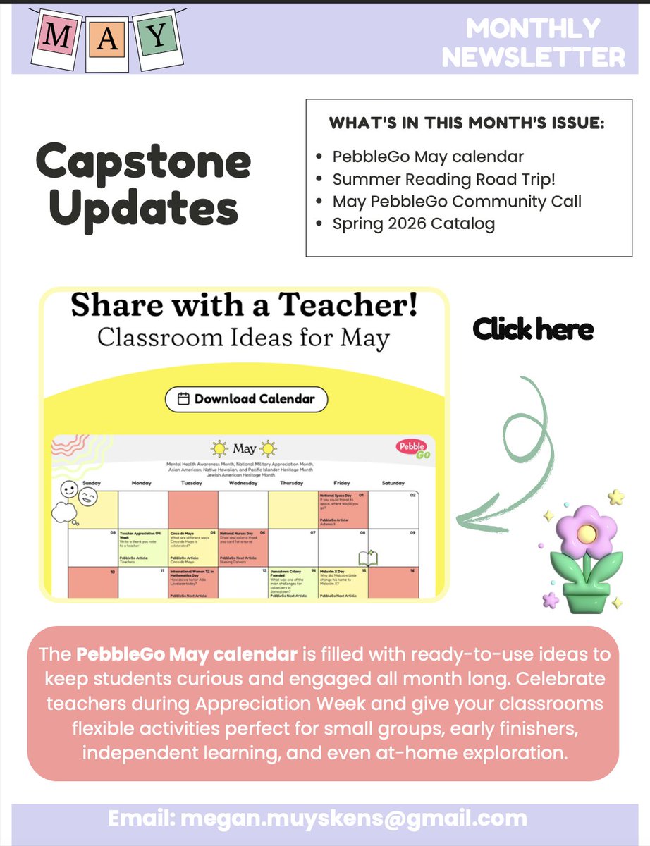 meganmuyskens's tweet image. @CapstonePub May Newsletter is here! 🎉📚

Explore ready-to-use @PebbleGoHQ activities, a Summer Reading Road Trip 🏞️, our May Community Call, and new Spring titles. 

Perfect for end of the year &amp;amp; summer planning!

Check it out 👉 bit.ly/4uhtGdu

#EdTech #SummerReading