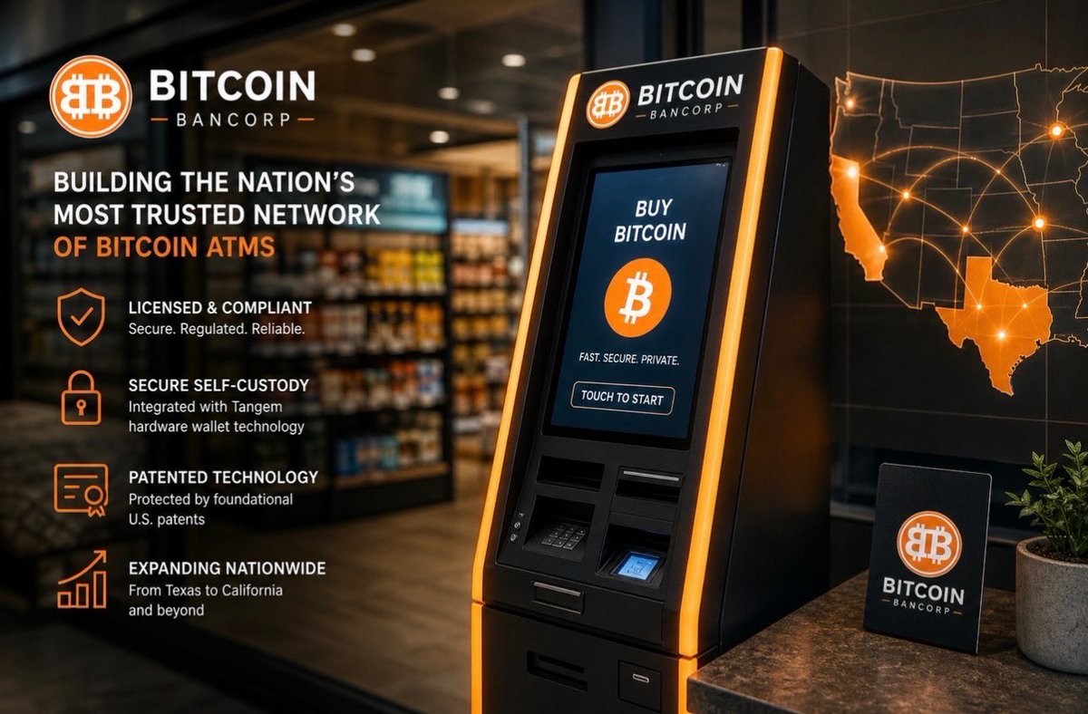 Boldstocksbabe's tweet image. Bitcoin Bancorp, Inc. $BCBC
continues to differentiate its expanding Bitcoin ATM network through exclusive foundational U.S. patents, US9135787B1 and US10332205B1, as it executes Phase II Texas deployment of 80 new licensed units, bringing the total to 130 in-state, and launches