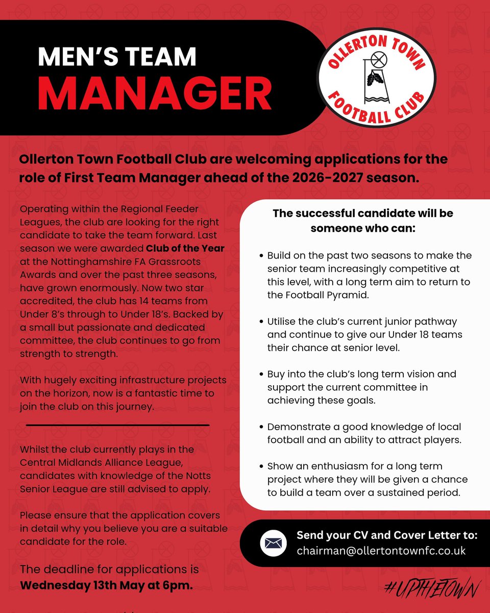 Ollerton Town Football Club are now welcoming applications for the role of Men's Team Manager for the 2026-2027 season 🔴⚫️ #UpTheTown