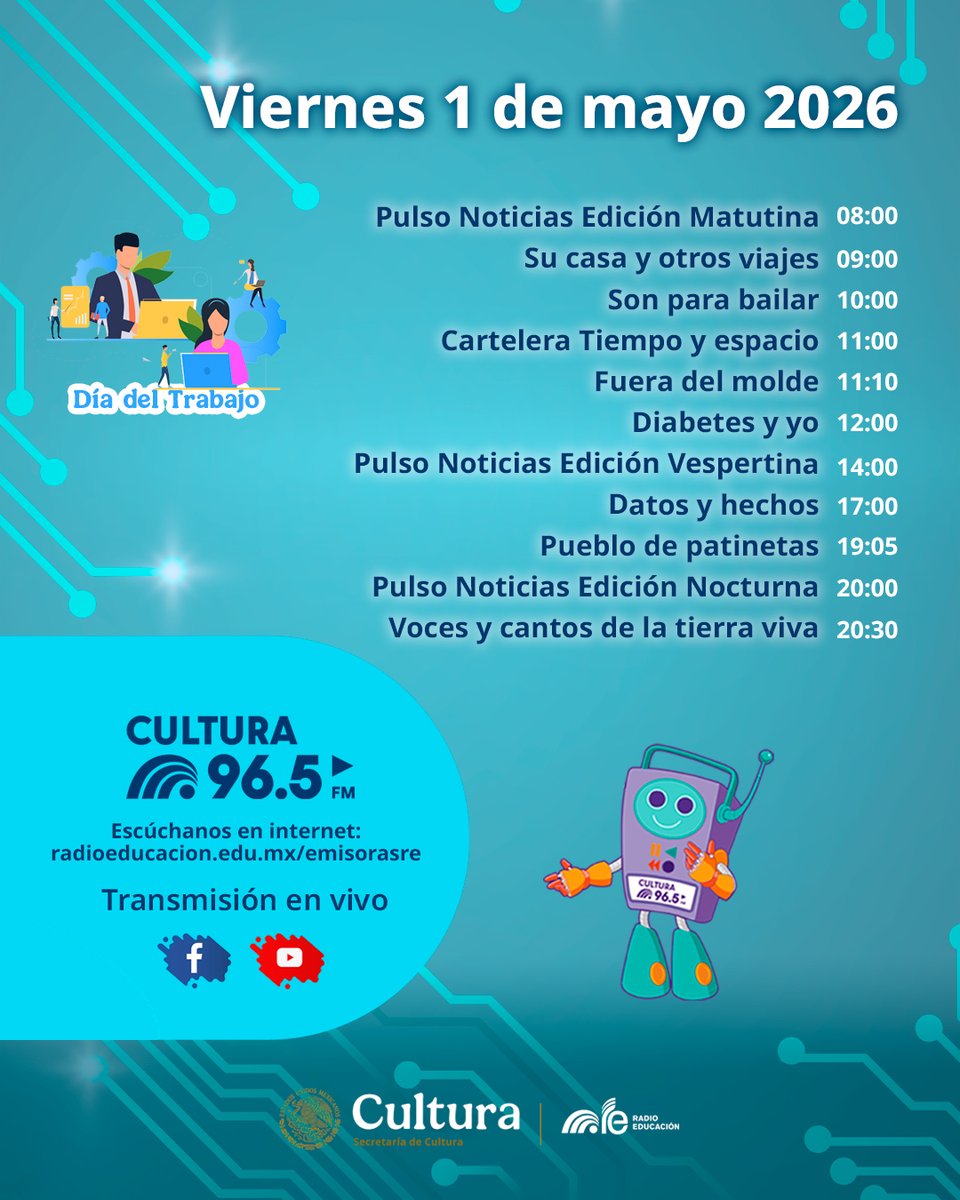 RadioEducacion's tweet photo. Este #viernes acompaña tu día con la programación de #RadioEducación 📻😊

Escucha 🎧 #PulsoNoticias 📰 #SuCasaYOtrosViajes 🎻👩🏾‍🤝‍👩🏼 #SonParaBailar 💃 #DatosYHechos ✅ #DiabetesYYo 🩺 ¡y mucho más!

📻 #Cultura965FM
💻 https://t.co/p4QeZpjhJj https://t.co/Akl7LYiLxl
