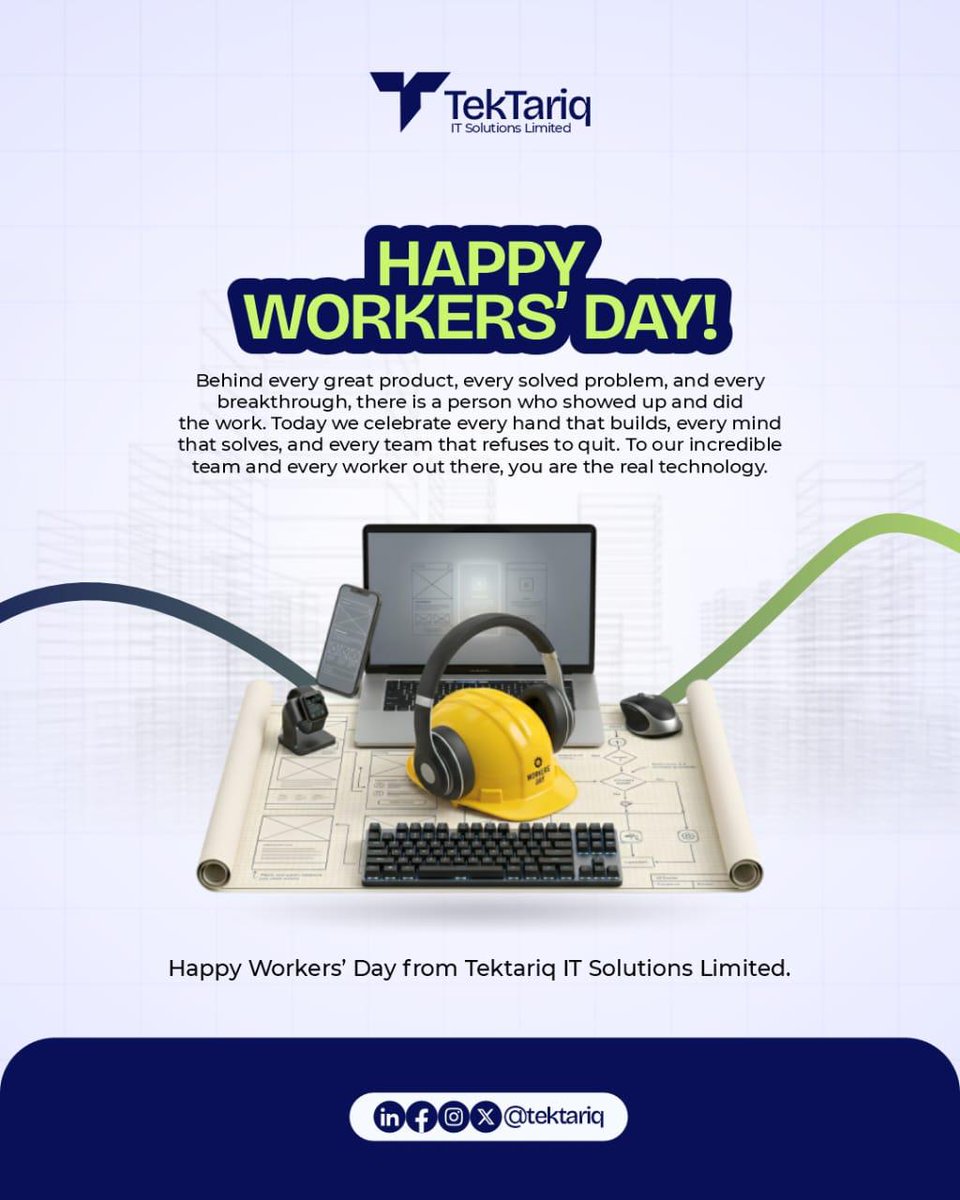 Tektariq's tweet photo. Behind every breakthrough is a person who showed up.  Behind every solution is a mind that refused to quit. Behind every great team are people - the real technology. 💻 

Happy Workers' Day from all of us at TekTariq!🎉

#WorkersDay 
#HappyWorkersDay 
#TekTariq 
#TekTariqAcademy https://t.co/gyEmmRTjaA