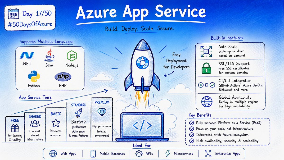 dashmundkar's tweet image. ☁️ Day 17/50 → #50DaysOfAzure

What if deploying a web app was as easy as `git push`?

Azure App Service → zero server management. Auto-scaling. SSL. CI/CD built in.

The service that runs millions of production apps 👇

#50DaysOfAzure #Azure #DevOps #SRE