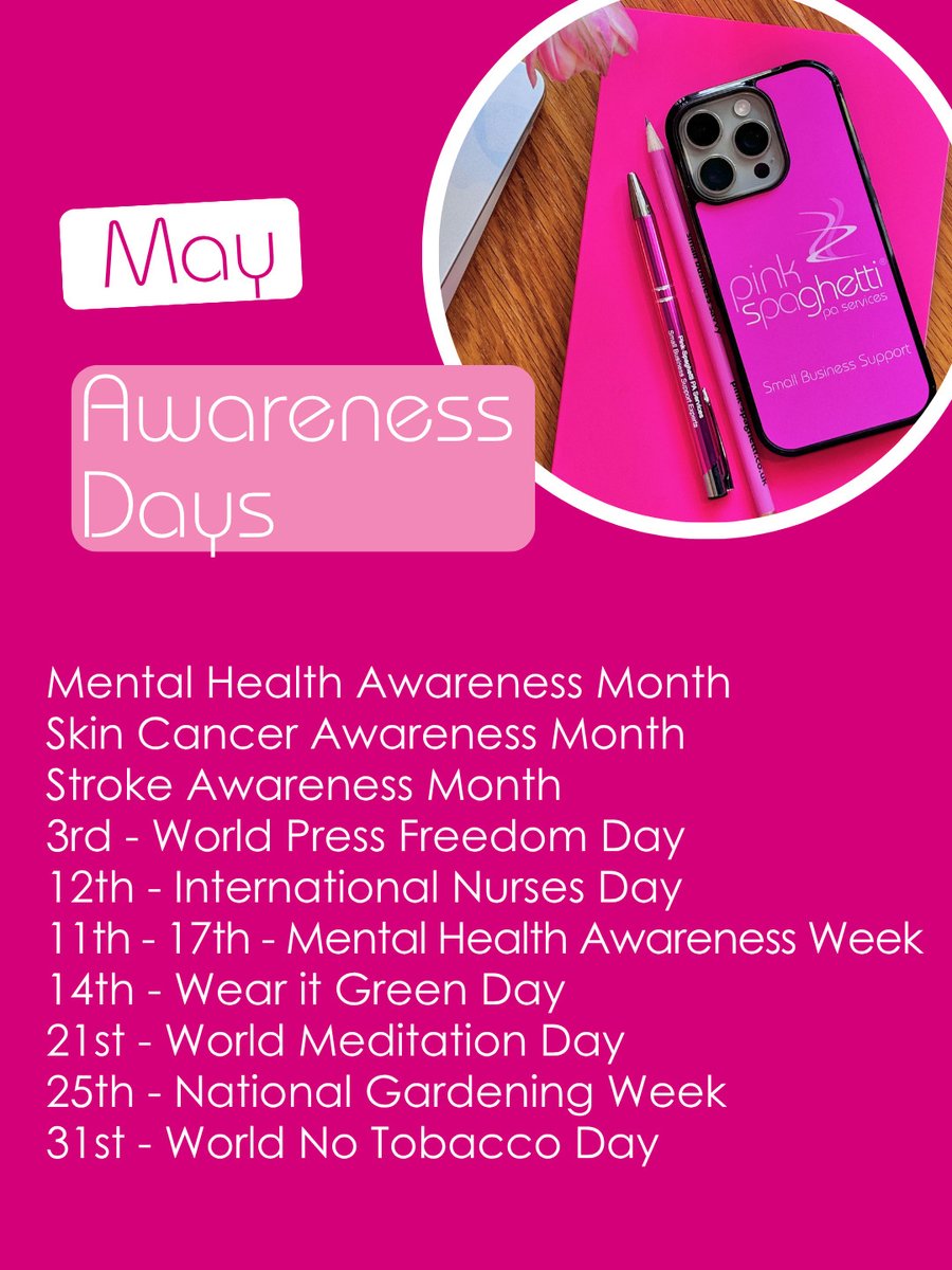 10 May awareness days to add to your content calendar 👇 🧠 Mental Health Awareness Week – 11–17th 💚 Wear it Green Day – 14th 👩‍⚕️ International Nurses Day – 12th 🚭 World No Tobacco Day – 31st …and more! Great content hooks for small businesses. Need help? 💡 #SmallBusiness