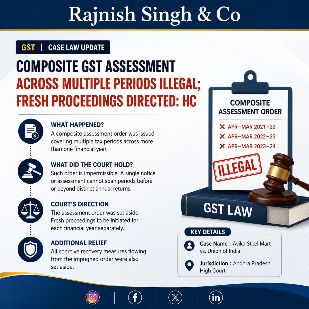 theRajnishkumar's tweet image. One assessment cannot cover multiple years—GST orders must be issued separately for each financial period.
#GST #GSTUpdate #TaxLaw #CaseLaw #GSTCompliance #HighCourt #IndirectTax #TaxUpdates #LegalUpdate #GSTIndia #ComplianceMatters #RSCupdates