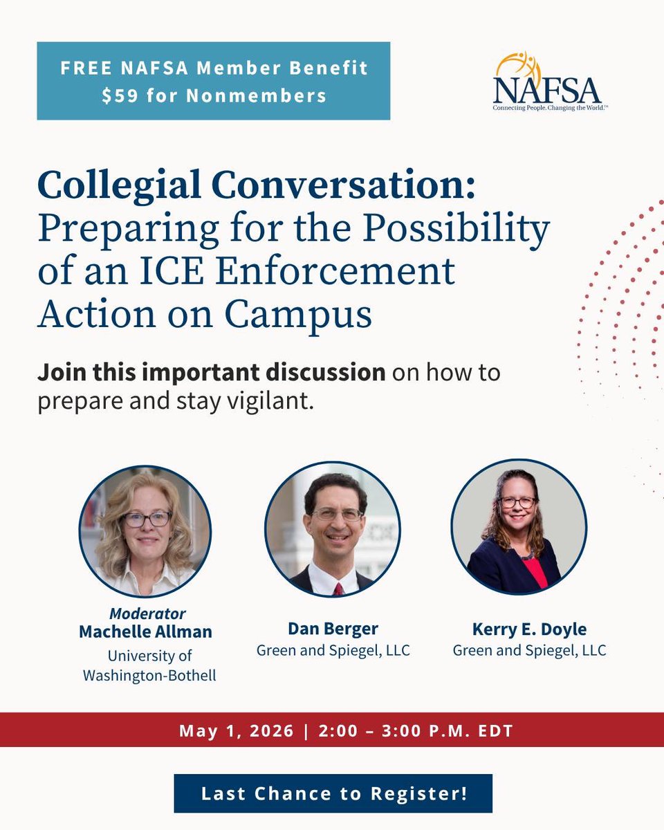 GreenAndSpiegel's tweet image. #GreenSpiegelUS: Today, Dan Berger and Kerry Doyle join @NAFSA to discuss how colleges and universities can prepare for the possibility of an ICE enforcement action on campus.
May 1 | 2:00–3:00 PM ET
Learn more: tinyurl.com/w4zjry58

#HigherEducation #ImmigrationLaw