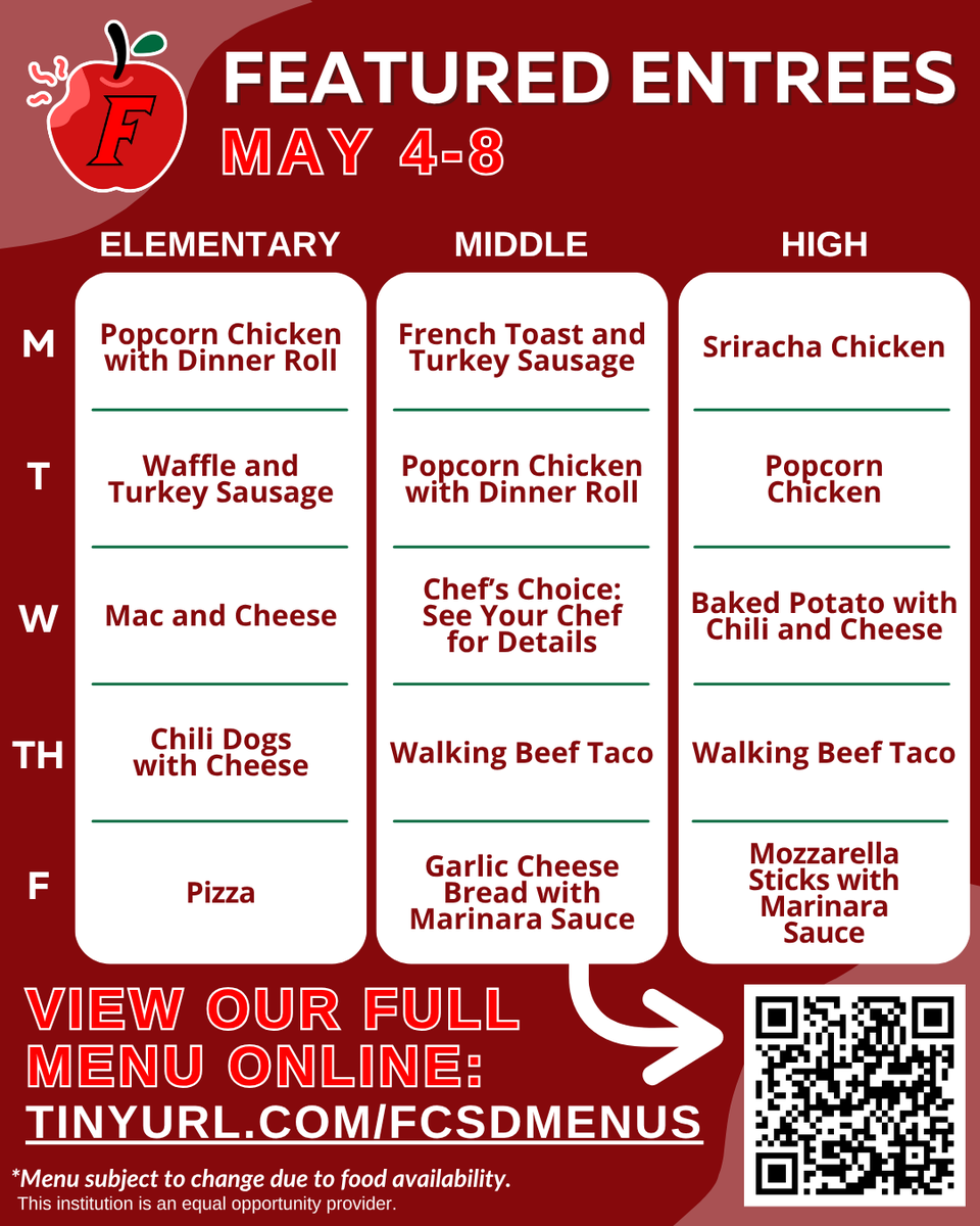 FCSDFoodService's tweet photo. Let's build a strong foundation with our nourishing school meals. 📚🍔

Please see our complete menu on our website: https://t.co/J0OwYsqSwe

*Menus are subject to change due to food availability. Thank you for your patience and understanding!

@FCSDNews #FairfieldPride https://t.co/7aoSKsXK5w