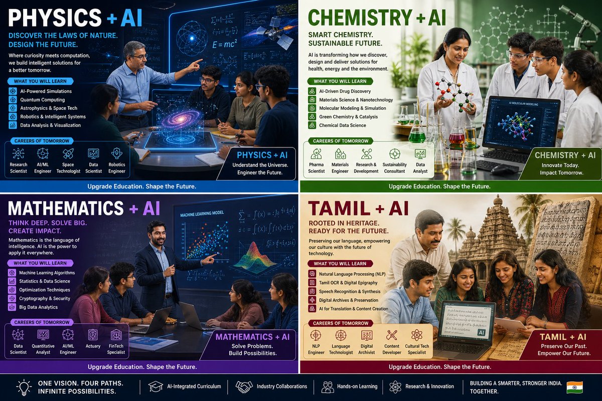 meetprofaara's tweet image. India isn’t losing interest in Physics, Chemistry, Math, or Tamil.
We’re losing relevance in how we teach them.
The future = Core Subjects + Artificial Intelligence
Don’t shut departments.
Upgrade them.
#EducationReform #AIinEducation #FutureOfLearning #India #EdTech #Upskilling