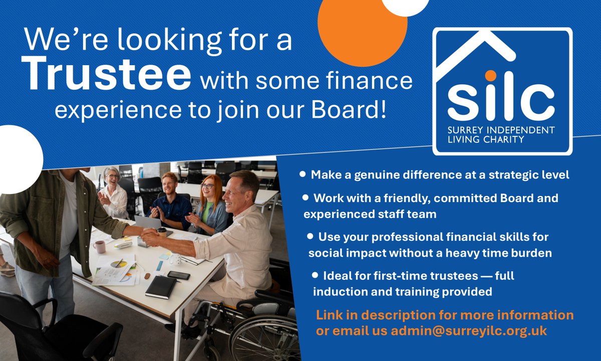 SurreyILC's tweet photo. Make a genuine difference at a strategic level and join our Board of Trustees!
If you've got some financial experience and have a passion for using your skills to empower people and strengthen a charity's long-term impact, we'd love to hear from you!
https://t.co/Y7miTvUAQc https://t.co/vx0qWMMSY6