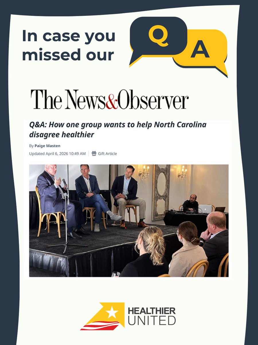 HealthierUnited's tweet image. Grateful to the @newsobserver for covering #DisagreeHealthier in #NorthCarolina and what we've been hearing from people across the state. A lot of people don't think the state of political discourse can get better. That's why we're doing this.

#NCpol #NCleg #NCgov