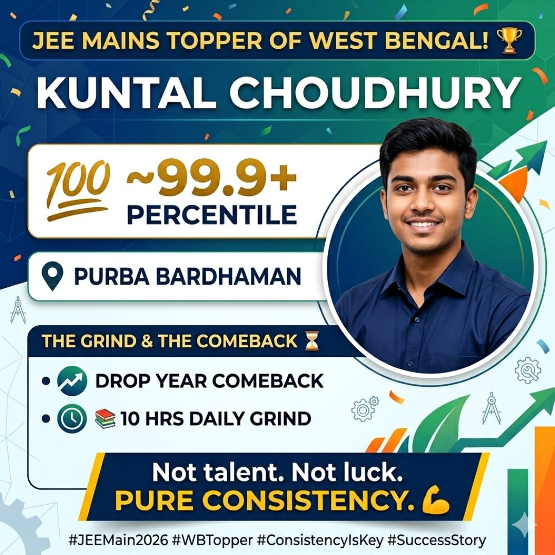srasingerkone's tweet image. 🎓 Kuntal Choudhury
📍 Purba Bardhaman
🏆 JEE Main 2026 WB Topper
💯 ~99.9+ percentile
⏳ Drop year comeback
📚 10 hrs daily grind
Not talent. Not luck.
PURE CONSISTENCY. 💪
#Bengal #JEE #Topper #StudyMotivation #BengaliPride #Success