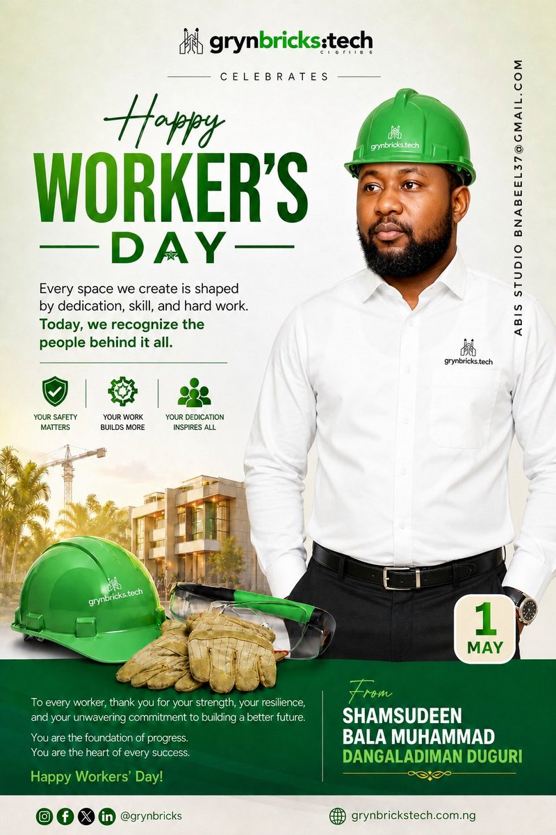 On this day, we celebrate the strength, dedication, and resilience of every worker building a better future. 💚 #WorkersDay
<a href="/shamsudeen_bala/">Shamsu Bala</a> 
#greenbrickstech