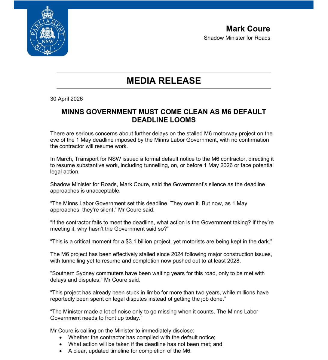 nswpol_au's tweet photo. ICYMI: Dispute between government and private consortium over M6 construction halt continues past deadline | #nswpol

The Roads Minister said Transport for NSW would ‘pursue all necessary steps to ensure outcomes that protect NSW taxpayers and the integrity of the project’. https://t.co/xa1G3DOoft