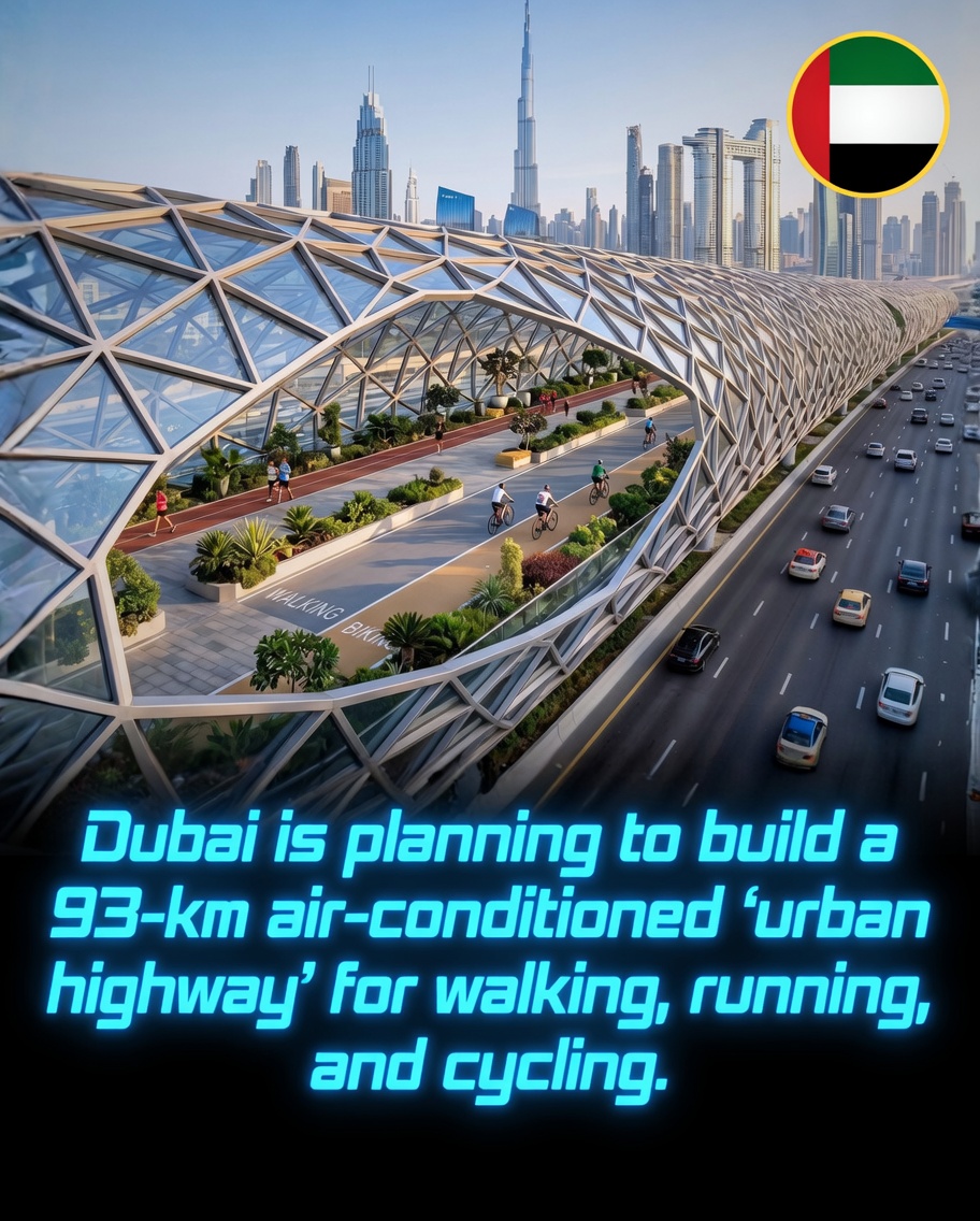 Dubai is planning to build “The Loop”, a groundbreaking 93-kilometer air-conditioned urban highway for walking, running, and cycling.

Designed by the architectural studio URB, this ambitious project is a key part of Dubai’s “20-minute city” vision, aiming to connect over three