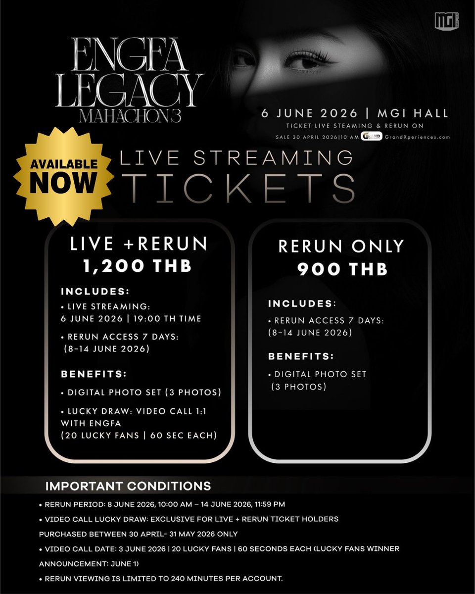 EngfaWarahaFans's tweet image. Update: 01/05/2026 | 20:10 น.

รวม 2,096 | ขาย 1,808 | เหลือ 288 ใบ

A1=66
A2=7
A3=5
A4=88

B1=62
B4=60

#EngfaLegacyMahachon3
ซื้อบัตรได้ทาง LINE (@) grandticket

#LIVESTREAMING
ราคา 1,200.- และ 900.-
เปิดจำหน่ายแล้ววันนี้
ที่ grandxperiences .com

#อิงฟ้าวราหะ #อิงฟ้ามหาชน