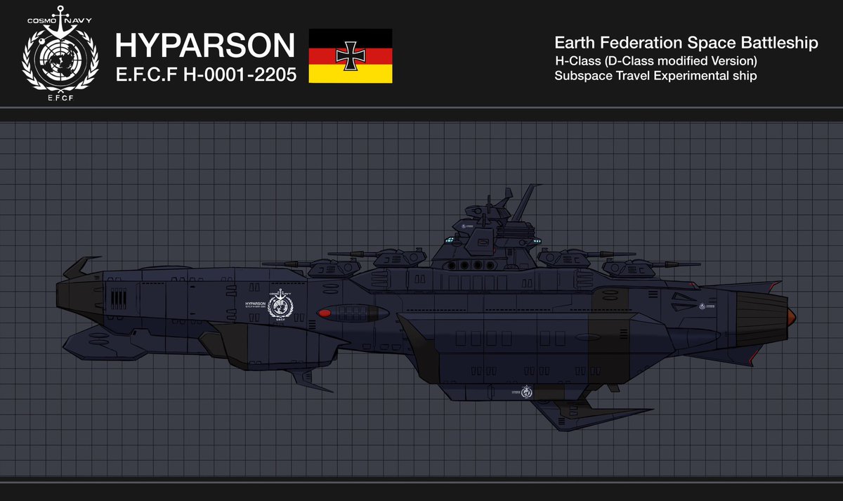 genmetsu_kii's tweet image. Space Battleship "Hyparson", a German battleship, an improved version of the Dreadnought-class, also known as an H-class battleship. 
I'm still working on its detailed specifications.

This is fan art of 《Space Battleship Yamato》.

#宇宙戦艦ヤマト #StarBlazers #scifi #架空