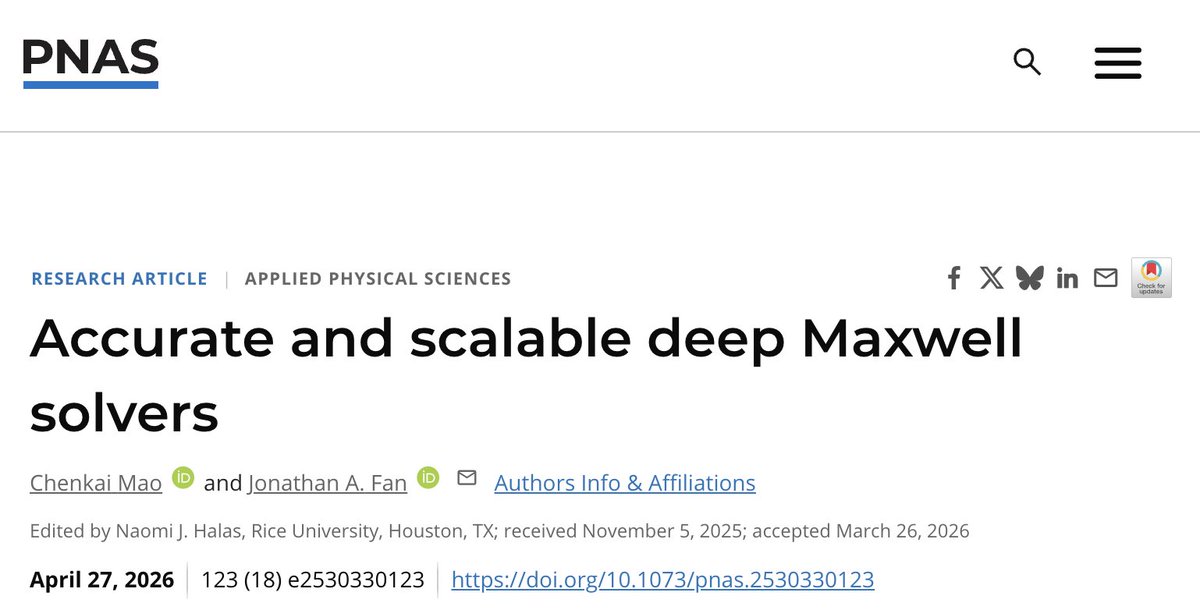 bravo_abad's tweet photo. Accurate and scalable deep Maxwell solvers

Maxwell's equations are the bedrock of photonic device design, from metalenses to chip-scale wavelength multiplexers. Solving them over realistic device sizes (hundreds of wavelengths, with subwavelength dielectric features) is computationally brutal. Neural network surrogates have been promising on toy problems but rarely scale: fixed domain sizes, narrow parameter ranges, no general boundary conditions, accuracy that degrades as the problem grows.

Chenkai Mao and Jonathan Fan at Stanford propose a different recipe. Instead of training a network to solve the full problem, they train a neural operator on subdomains and plug it into classical iterative methods. The subdomain network is a modified Fourier neural operator that takes arbitrary Robin-type boundary conditions as inputs, used as a flexible preconditioner inside F-GMRES. It gives bounded-accuracy subdomain solutions, and reaches double precision at inference despite single-precision training.

The interesting move is at the global scale. They wrap the subdomain solver in an overlapping Schwarz domain decomposition loop, and use the same network to cheaply solve the subdomain eigenvalue problems that build a coarse space for two-level Schwarz. That coarse correction gives near-optimal scaling, where iteration counts stay roughly constant as the global problem grows.

A single network handles different sizes, resolutions, wavelengths and dielectric distributions, with 20 to 50x fewer iterations than CPU GMRES or BiCGSTAB. They benchmark up to ~3000x3000 grids and 200 wavelengths, then plug the solver into adjoint-based optimization to inverse-design freeform devices: a wavelength division multiplexer, a near-infrared metalens, and a volumetric coupler. Trajectories track ground-truth FDFD almost exactly.

For photonics, semiconductors and optical communications, this makes neural surrogates operationally useful for real device design. Training only a subdomain model and letting iterative methods handle global scaling is a reusable pattern across PDE problems in heat transfer, acoustics and mechanics.

Paper: Mao & Fan, Proc. of the National Academy of Sciences (2026) | journal license https://t.co/WxTJwVPUcn