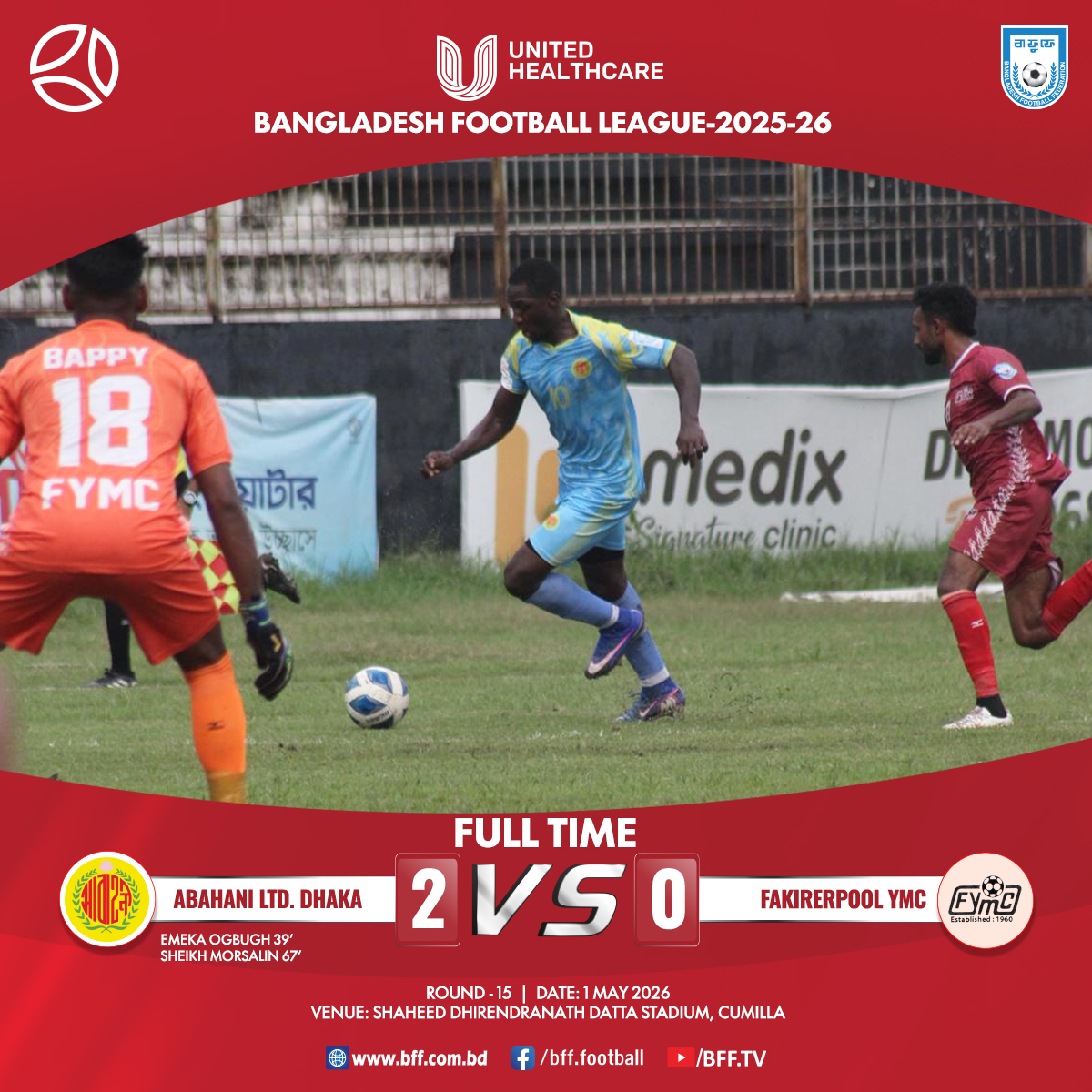 bafufe's tweet image. United HealthCare Bangladesh Football League 2025-26
MATCH RESULT

Abahani Ltd. Dhaka 2-0 Fakirerpool YMC

#BFF #BFL #BangladeshFootballLeague