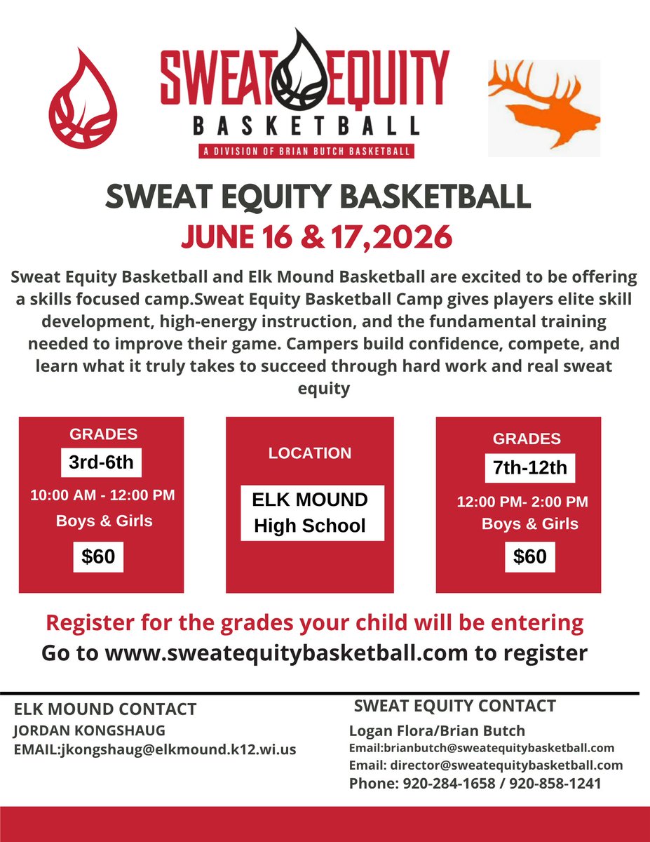 BrianButchHoops's tweet photo. On June 16 &amp; 17 we will be at Elk Mound
3rd - 6th Grade | 10:00am - 12:00pm
7th - 12th Grade | 12:00pm - 2:00pm
Cost: $60
https://t.co/yIQpFaTwZ8 https://t.co/dkoIVnBpdC