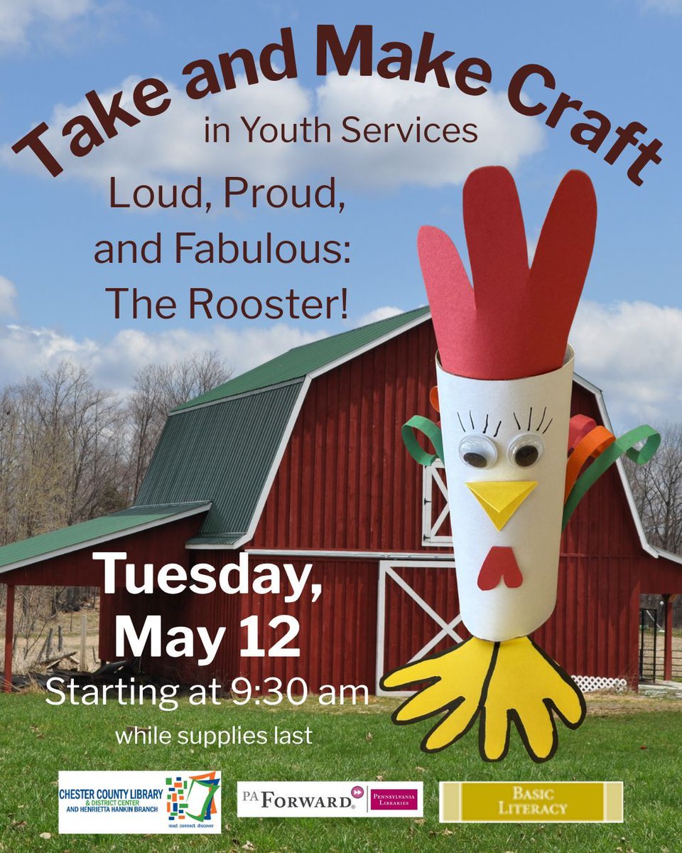 HankinLibrary's tweet photo. Come to Youth Services on Tuesday, May 12 to pick up the next Take and Make Craft: Loud, Proud, and Fabulous: The Rooster! Starting at 9:30 am. While supplies last.

#HankinLibrary #PAForward #BasicLiteracy https://t.co/zmqYlF5jHk