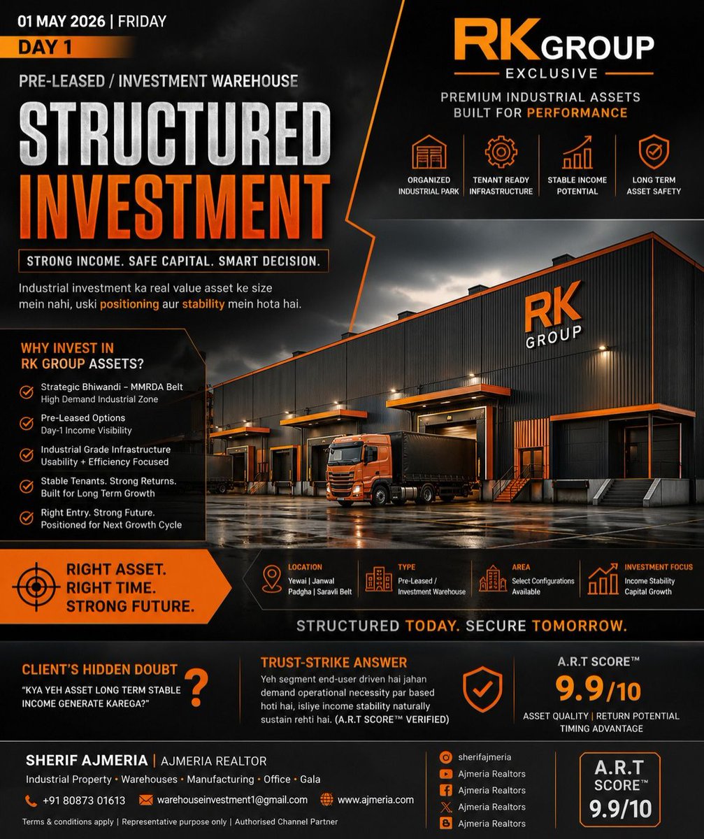 SherifAjmeria's tweet image. INDUSTRIAL POSITIONING: RK GROUP | PRE-LEASED INVESTMENT
 Stop Speculating. Start Positioning

Contact us:
+91 9960601613
ajmeriarealtors2@mail.com
preleasedwarehouse.com
ajmeria.com

#warehouse #resale #bhiwandi #industrialproperty #warehousespace #realestate