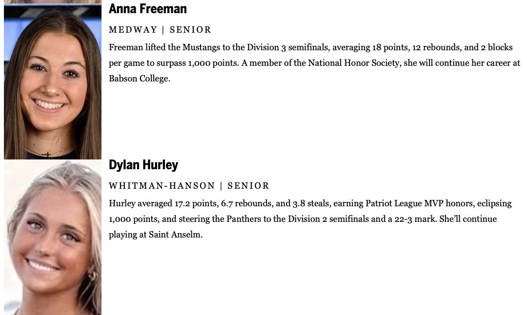 TrevorHass's tweet photo. Girls' basketball All-Scholastics, batch 2: https://t.co/ftHLaNOGUN

- Amelia Crowe, Pentucket
- Angie Djoko, Danvers
- Kayla Dunlap, Natick
- Anna Freeman, Medway
- Dylan Hurley, Whitman-Hanson

@GlobeSchools @AmeliaCrowe10 @PRSD_Athletics @GBallDanvers @WeAreDanvers @KaylaDunla55135 @NatickGrlsBBall @NatickAthletics @AnnaFree2026 @MedwayAthletics @dylanhurley03 @WHathletics @whgirls_bball @WHCoach_Costa