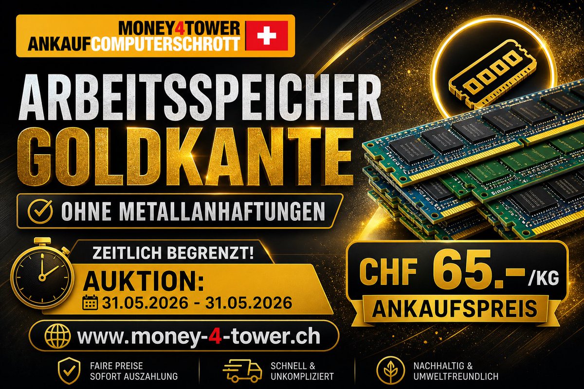 Drachm_Token's tweet image. 💰 ARBEITSSPEICHER MIT GOLDKANTE? MACH IHN ZU GELD!
🔥 AKTION VOM 01.05.2026 – 31.05.2026 🔥
👉 CHF 65.– / KG ANKAUFSPREIS 👉 SOFORTIGE AUSZAHLUNG
♻️ Nachhaltig 
🌐 money-4-tower.ch
#recycling #nachhaltig #tech #geld #recycling_jakaj
