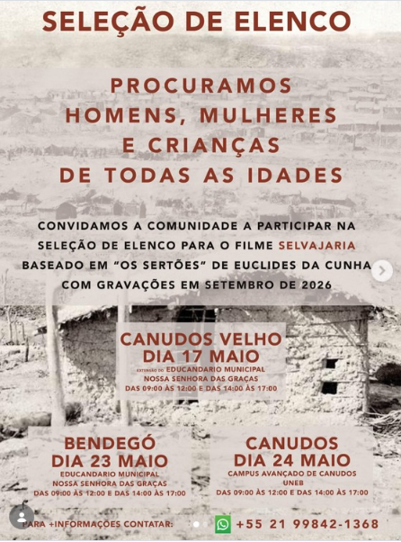 euclidesite's tweet photo. @canudosfazacontece
A comunidade de Canudos está sendo convidada a participar da seleção de elenco para o filme Selvajaria, produção inspirada na Guerra de Canudos.
Mais informações podem ser obtidas pelo telefone disponibilizado pela organização do projeto: +55 2199842368. https://t.co/x4ybt8VeR5