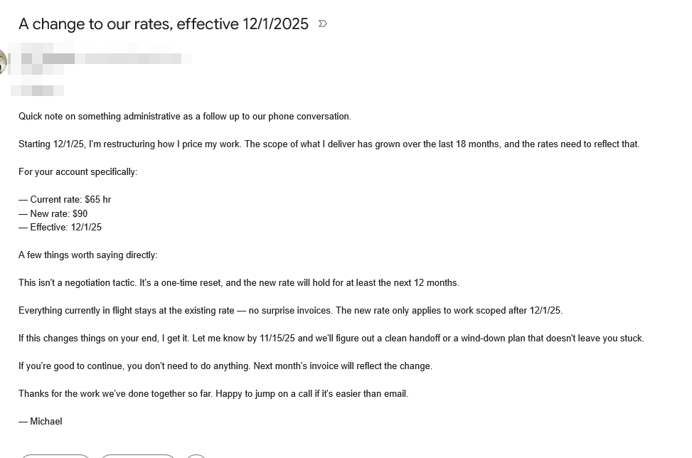 247Xcom's tweet photo. Here's the actual rate-raise email — word for word.

No upsell to read it. If you want the other 8 contracts, 4 frameworks, and 9 invoice templates, the link is in the tweet above. https://t.co/c3WjhLb7Sz