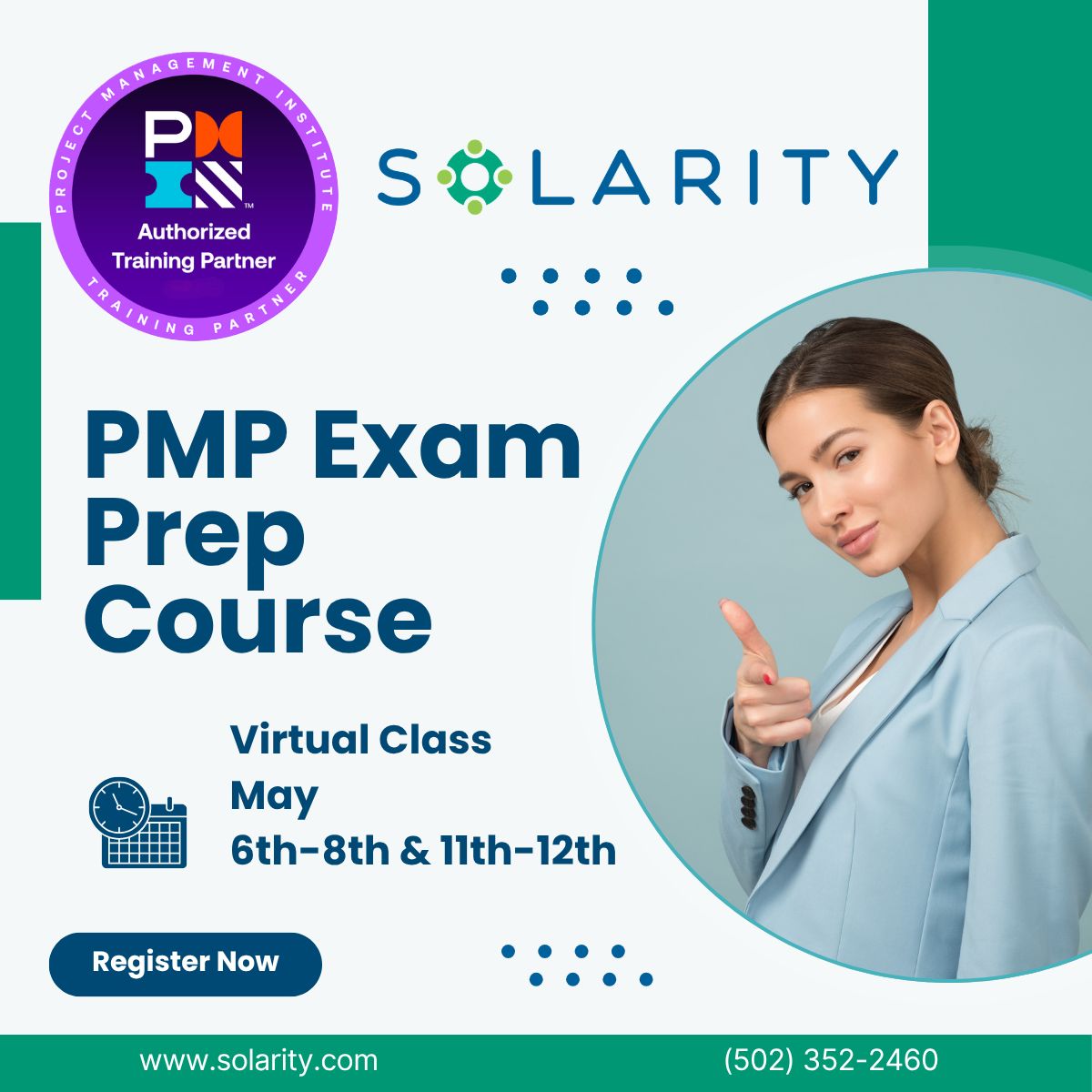 solaritygroup's tweet photo. This is the last chance to register for our Public PMP Class! May 6th,7th,8th, 11th, and 12th from 8am-4:30pm Eastern. #ChooseSolarity 
https://t.co/dAEdIEEwvj https://t.co/7UJba4yUMB