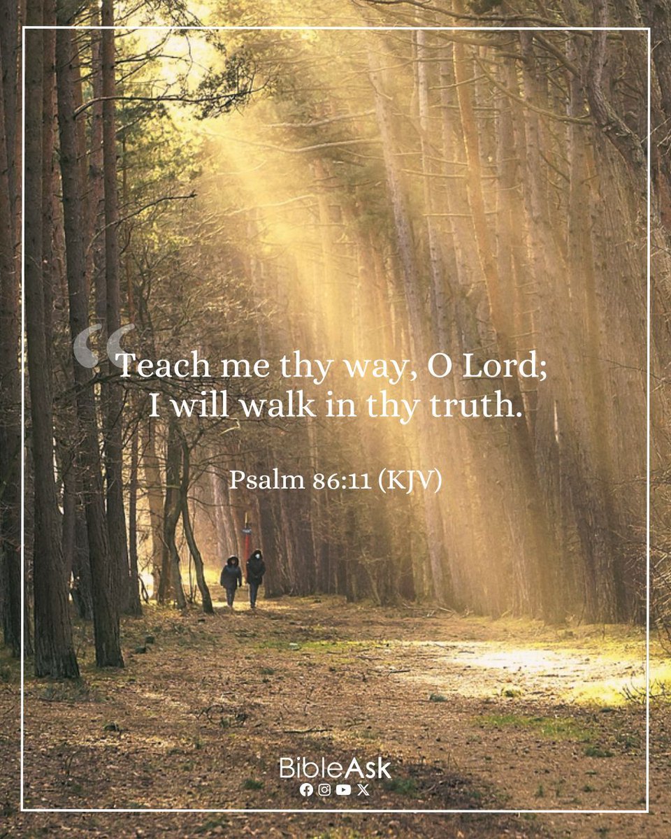 BibleAsk's tweet photo. “Teach me thy way, O Lord; I will walk in thy truth.”
Psalm 86:11 (KJV)

Following God begins with a willing heart to learn His ways. When we seek His truth, He guides us into a life that reflects His will and brings lasting purpose.

#VerseOfTheDay #WalkInTruth #TeachMeLord #BibleVerse #ChristianFaith #DailyScripture 📖🙏✨