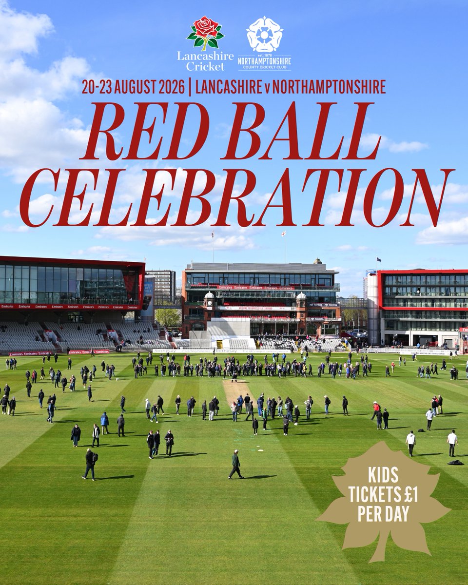 lancscricket's tweet photo. Lancashire Cricket is delighted to announce the launch of our inaugural Red Ball Celebration fixture, taking place against Northamptonshire in the @CountyChamp (20-23 August) at @EmiratesOT.

🌹 #RedRoseTogether