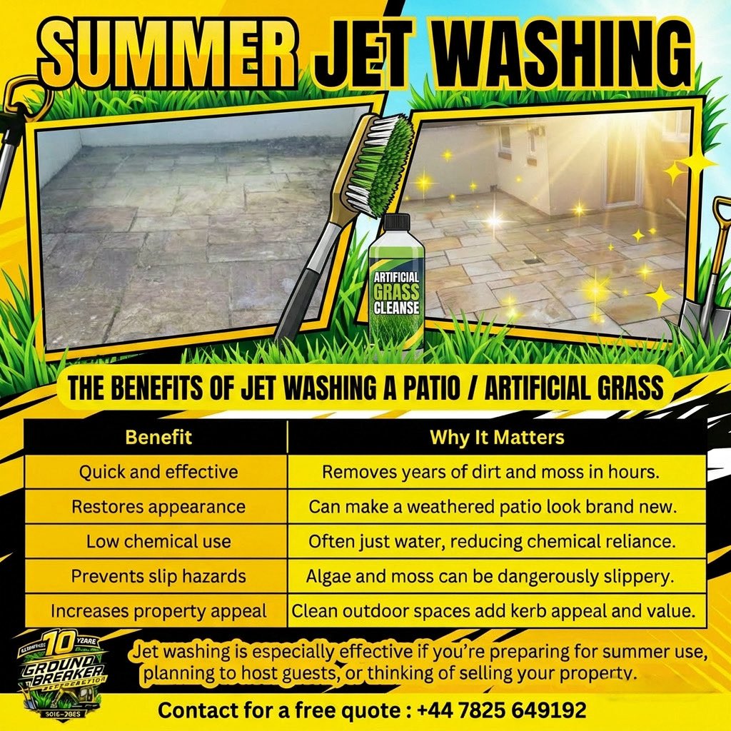 Groundbreaker77's tweet photo. Your patio called... it needs a spa day. 🧖‍♂️✨

✅ Jet Washing
✅ Artificial Grass Brush &amp; Cleanse
✅ Instant Kerb Appeal

Get your summer sorted with Ground Breaker Construction! 🏗️
Call: +44 7825 649192 📱
#patiocleaning #grasscleaning #bristol #jetwashing #summerclean https://t.co/n8gTLemrxG