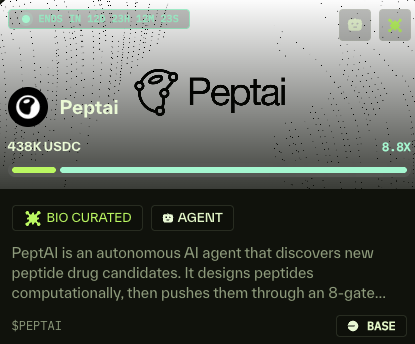 zacxbt's tweet image. $peptai sale is live @bioprotocol
- ai agents for peptide drug discovery
- ends in 2 weeks [may 14]
- 20% allocated to $bio stakers 
- 5% available thru ignition sale
- specific receptors targeted 24/7
- best ideas funded + sent to wet labs
app.bio.xyz/agents/peptai (nfa) #desci