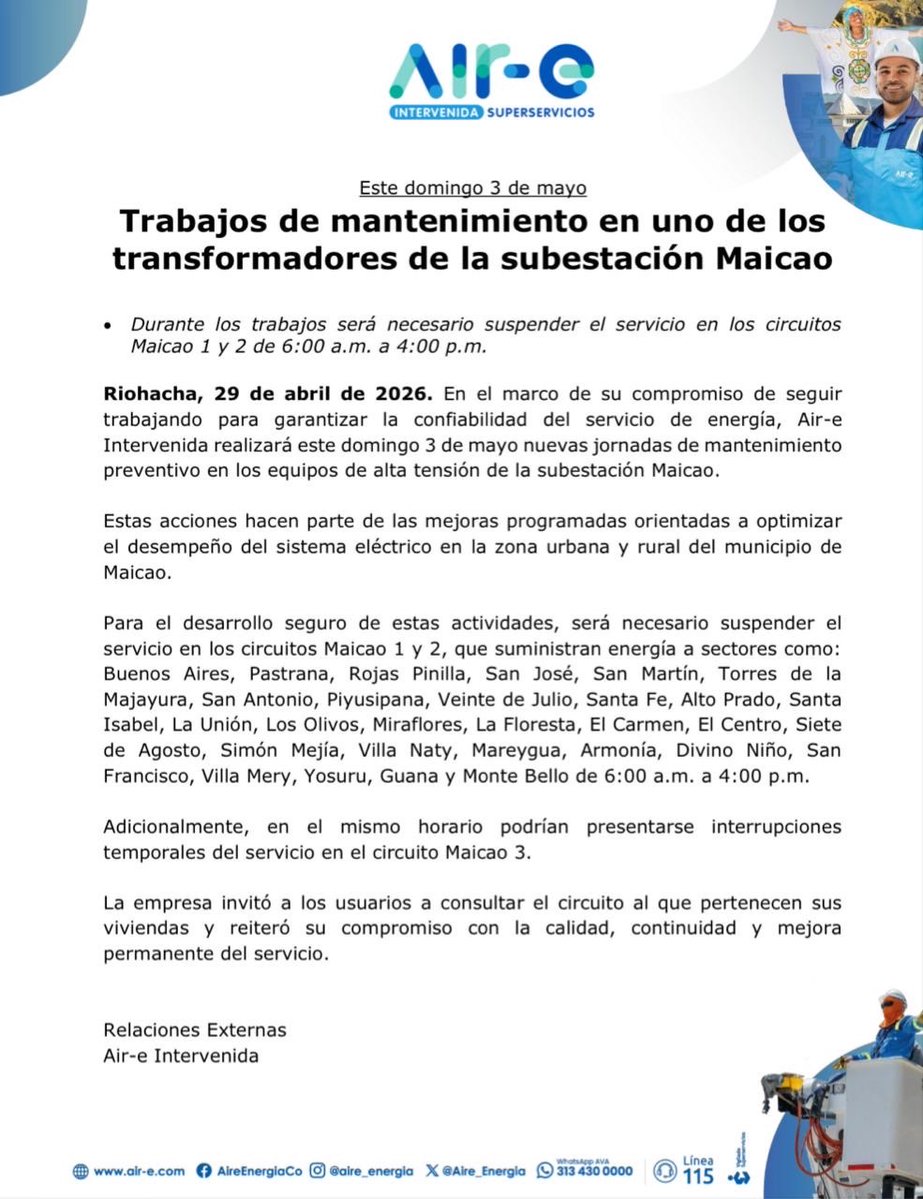 Aire_Energia's tweet image. #MejorasProgramadas en #LaGuajira 🌀 Con el fin de garantizar el correcto funcionamiento de los equipos, realizaremos mantenimiento en uno de los transformadores de la subestación Maicao, este domingo 3 de mayo. Durante los trabajos será necesario suspender el servicio en los