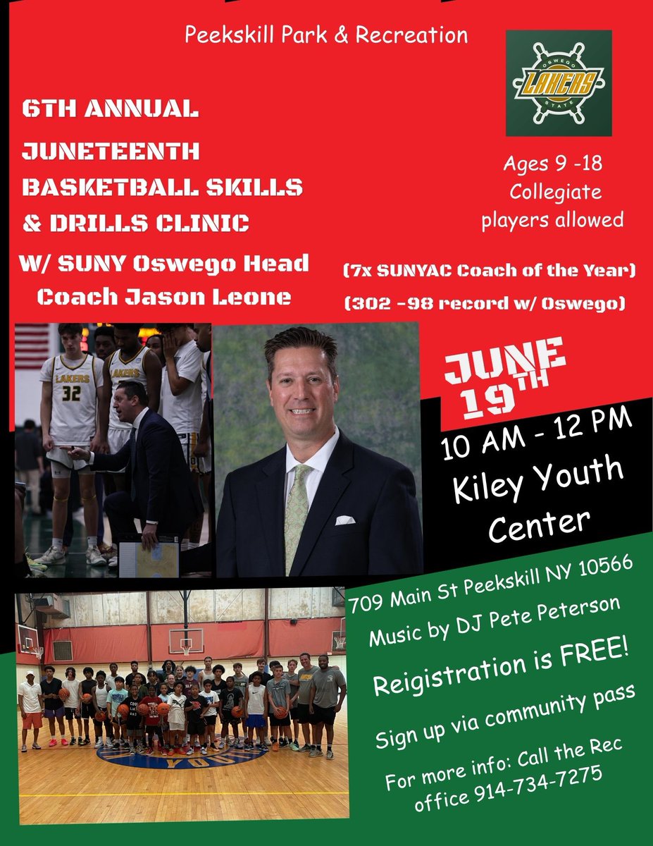 KileyCenter709's tweet photo. Registration is now open for our 6th annual Juneteenth Skills &amp; Drills Basketball Clinic with @OswegoMBball Head Mens Basketball Coach @leone_coach ! https://t.co/qaqDXlC67T