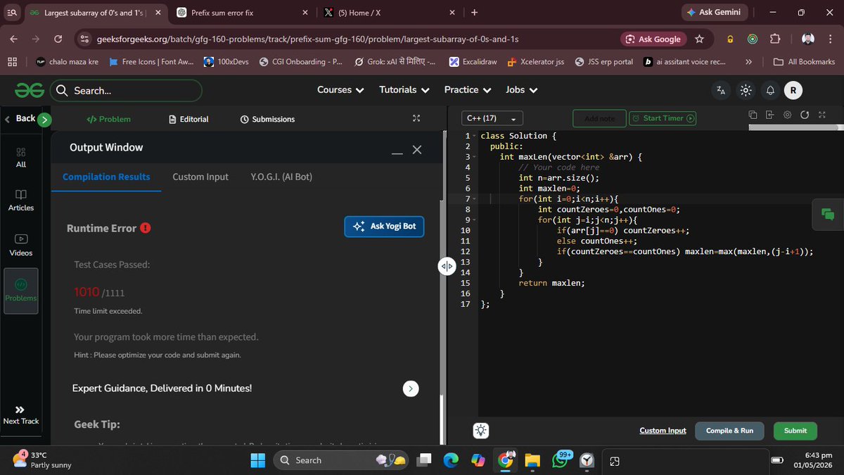 romeokilo58978's tweet image. Day-60/160 Longest Subarray of 0's and 1's.
@geeksforgeeks
#DeveloperLife
@learnteach
#CodingJourney
@TechWritter