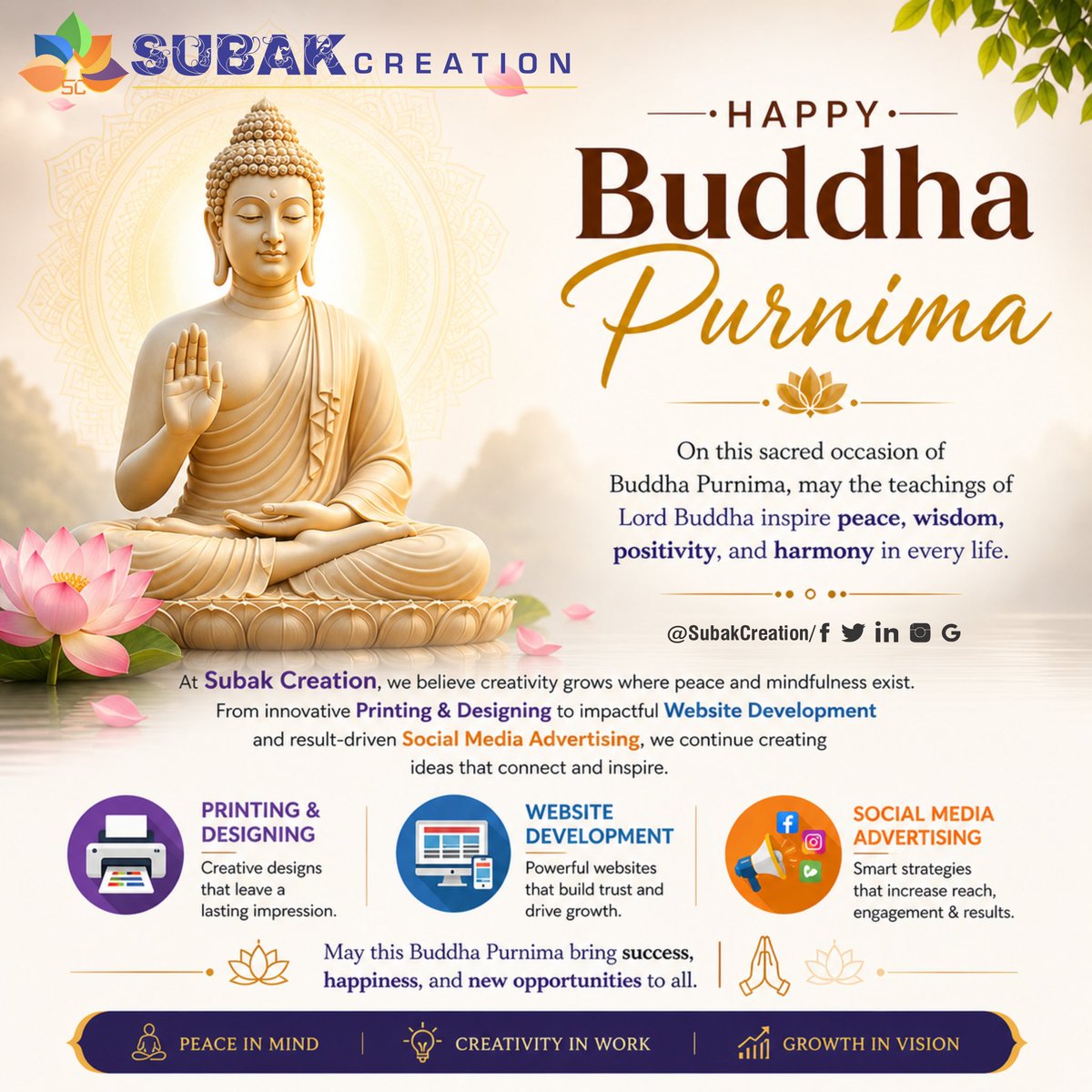 Omkarhingurao21's tweet image. 🌕 May the divine teachings of Lord Buddha fill your life with peace, wisdom, and positivity.
Subak Creation wishes you and your family a Happy Buddha Purnima. 🙏✨

#BuddhaPurnima #SubakCreation #GraphicDesign #WebsiteDevelopment #SocialMediaMarketing